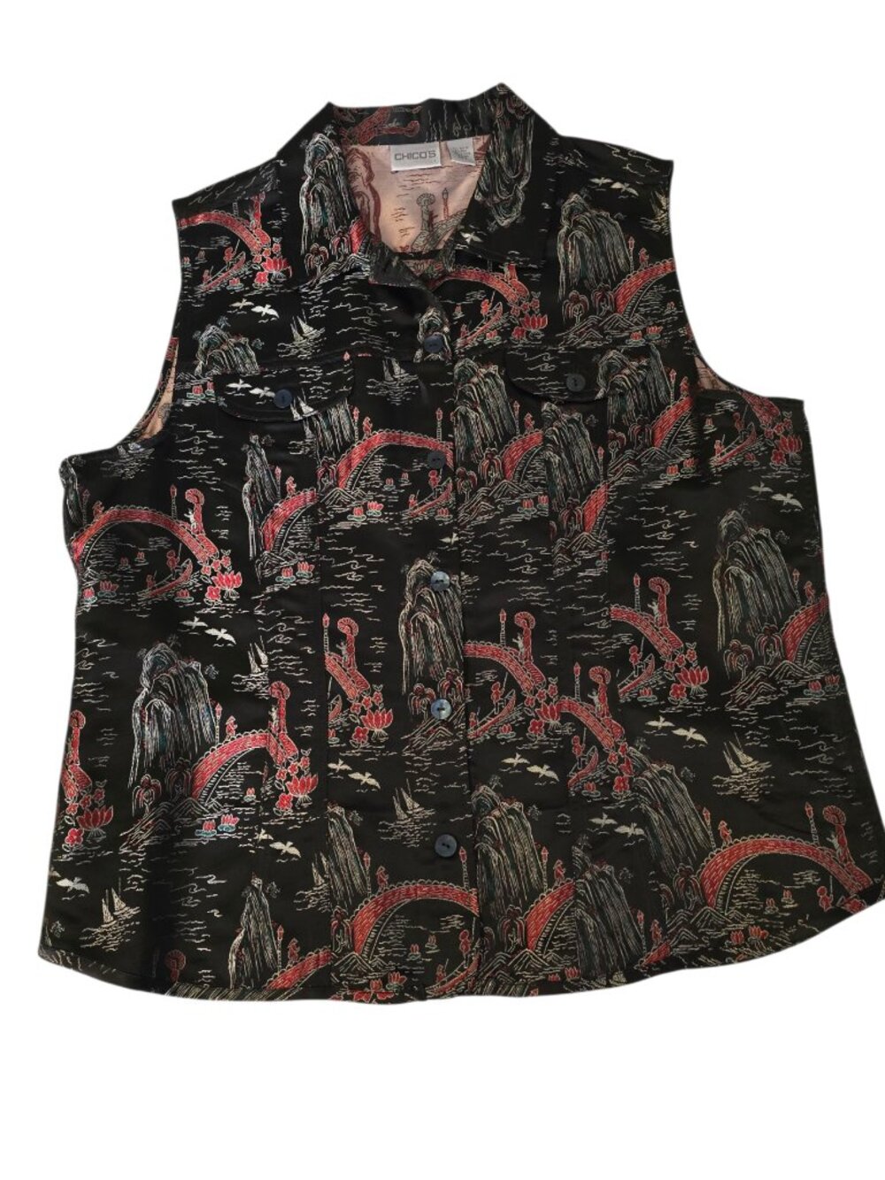 Chicos Size 3 Black Asian Scenic Print Vest Button Front Art To Wear Travel Top